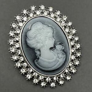 Silver with White Diamond Crystal Victorian Lady Maiden Cameo Pin Back Brooch